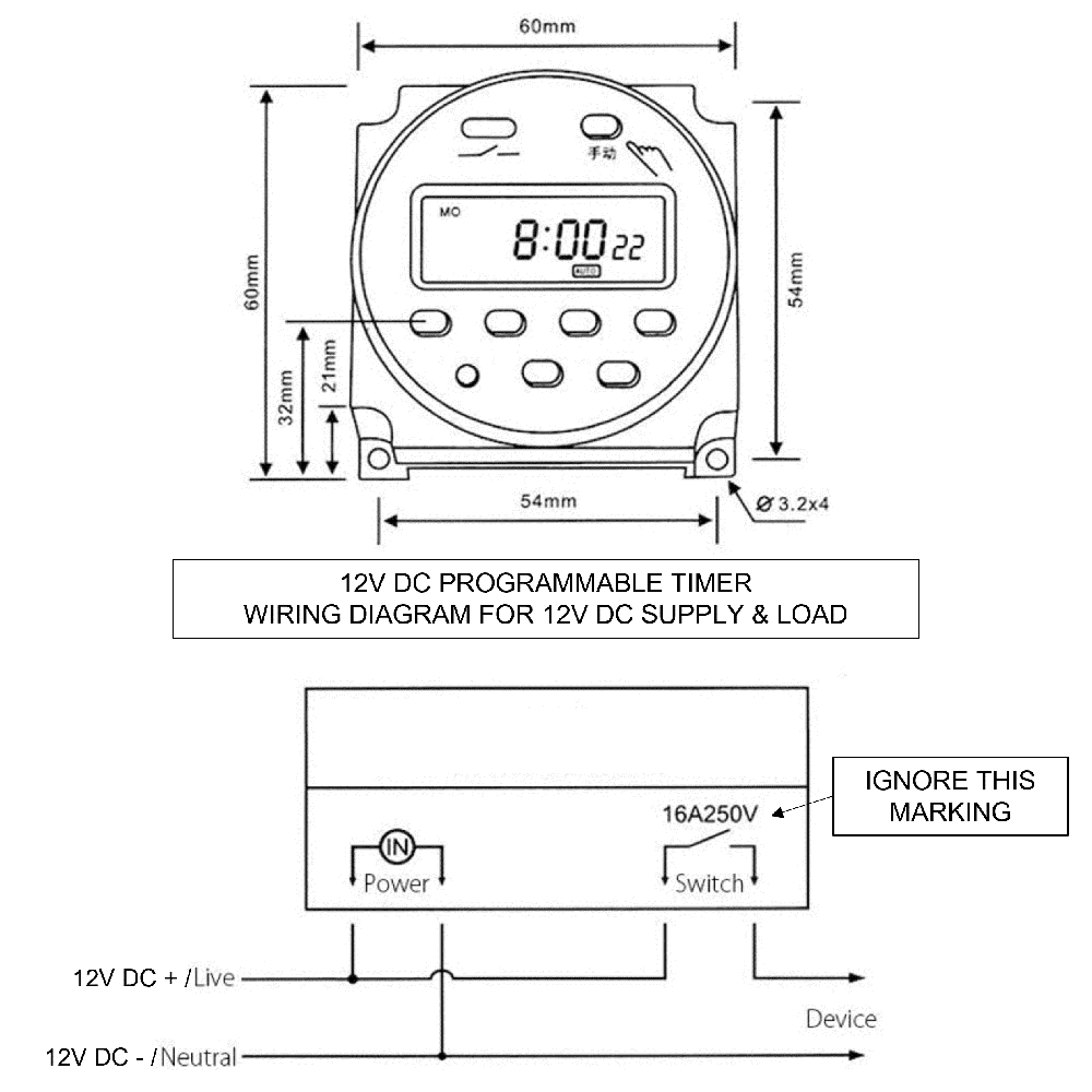 12V Digital Timer Switch 12V DC, 16 Schedules