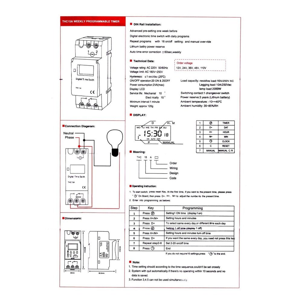 16A Timer Switch, Programmable 230V AC, 16 Schedules, DIN Rail