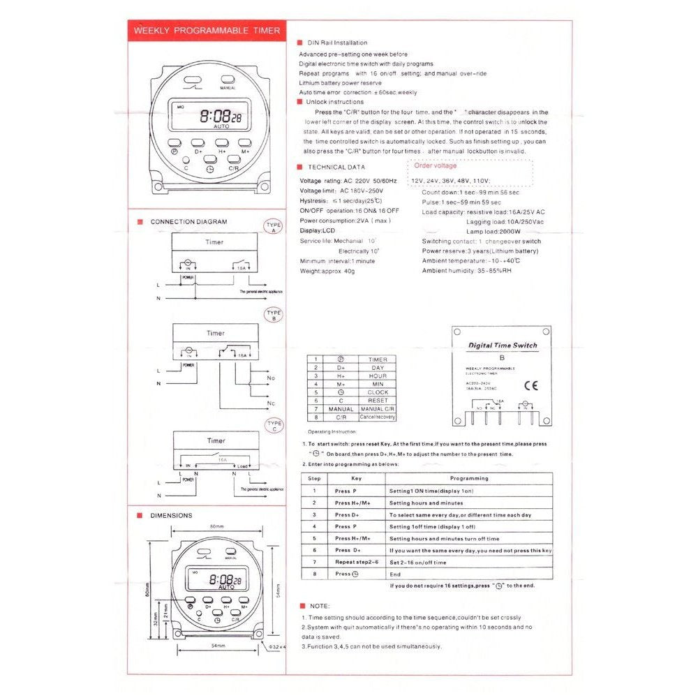 16A Screw-mount Digital Timer 230V AC, 16 Schedules