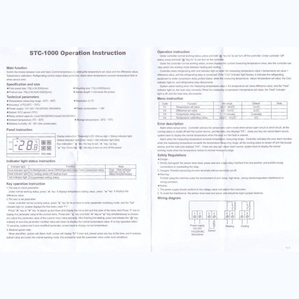 STC-1000 12V Digital Temperature Controller 12V DC, 10A