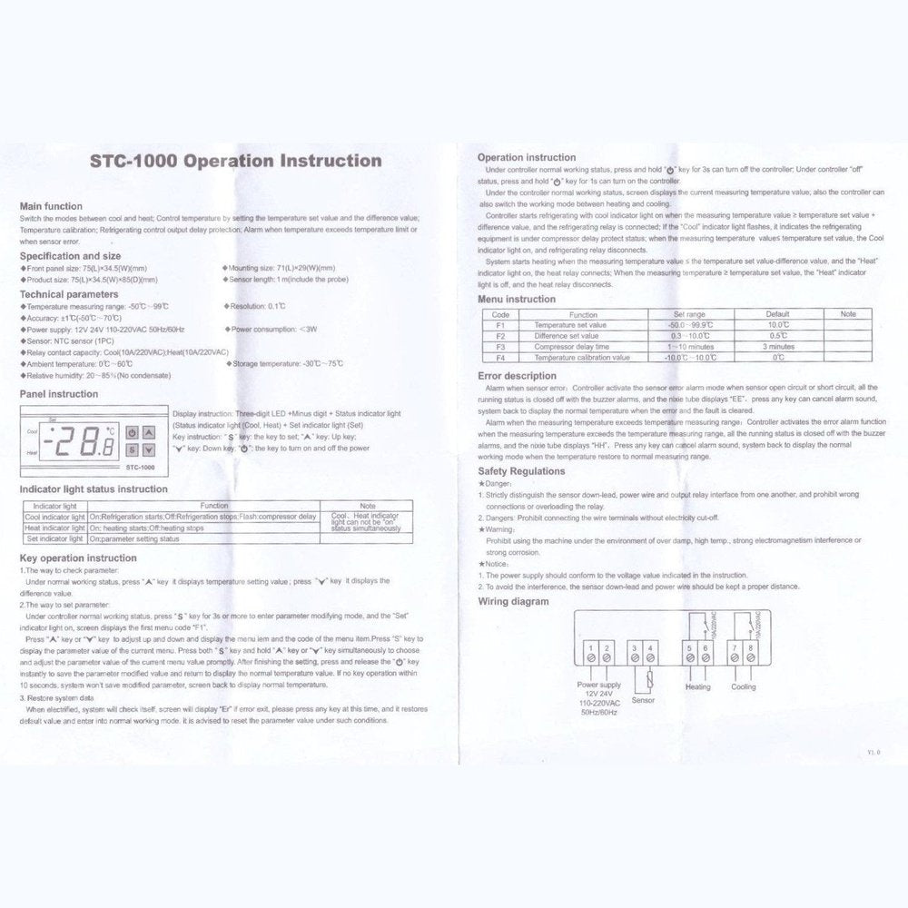 STC-1000 Digital Temperature Controller 220V AC, 2000W